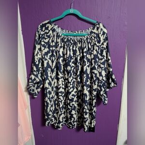 NWT Micoson Blue White Abstract Print 3/4 Ruffle Sleeve Blouse 4X 26